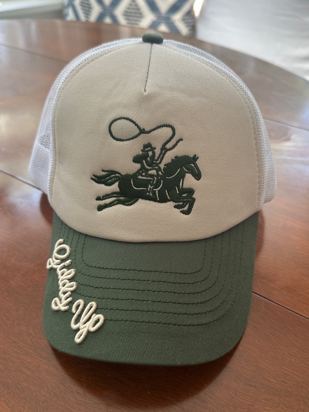 Free People Green and Cream Giddy Up Trucker Hat